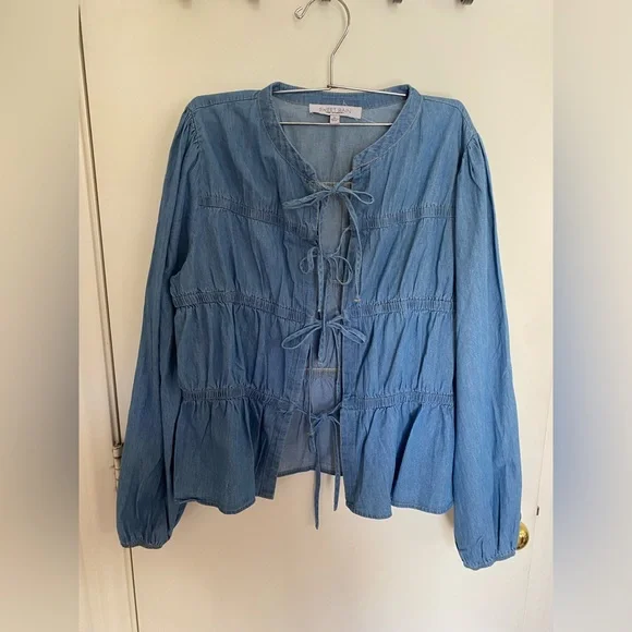 NWT Sweet Rain Chambray Denim Tie Front Jacket - Picture 1 of 3